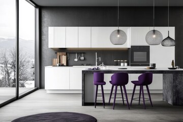 Modern Kitchen Design With Purple Stools And Winter View