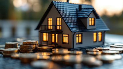 miniature house model surrounded by coins symbolizes real estate investment and financial growth. warm lights from house create inviting atmosphere, reflecting potential prosperity