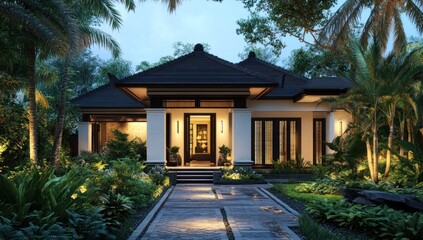Tropical Modern Villa at Dusk: Luxurious Balinese-Style Home