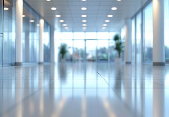 Modern and Bright Office Hallway with Reflections on the Floor and Large Windows Providing Natural Light in a Contemporary Business Environment