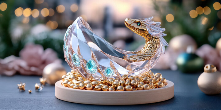 A stunning crystal dragon sculpture resting on a golden base, adorned with intricate details, perfect for decoration or as a gift. - Powered by Adobe