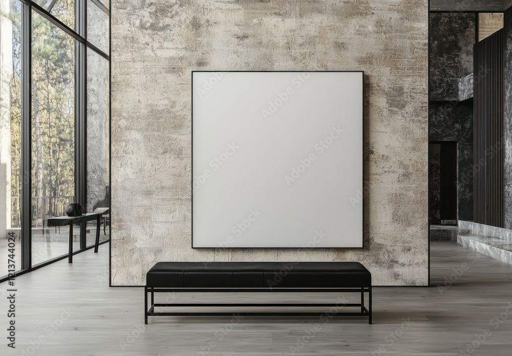 Poster modern gallery with a large empty canvas on a textured wall and sleek black bench below.