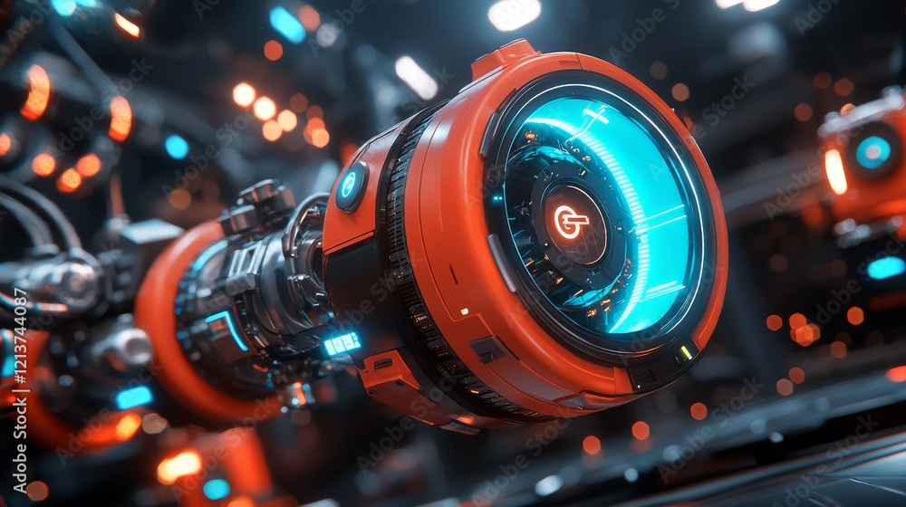 Poster futuristic technology innovations in robotics high-tech lab digital art orange and blue colors close
