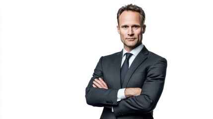 Confident German Professional in Charcoal Grey Suit with Crossed Arms Against a Clean White Background Ready for Corporate Environment