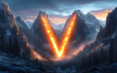 Fiery V-shaped chasm between snow-capped mountains at sunset.