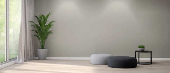 Modern living room design featuring plants and minimalist furniture in a bright space