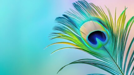 Obraz premium Vibrant Peacock Feather with Blue and Green Tones Against Soft Background
