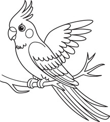Fototapeta premium Cute flat vector realistic parrot Cockatiel sitting on a branch Exotic tropical bird Domestic parrot