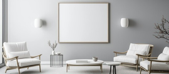 Minimalistic interior with a light grey wall and white furniture, framed mockup poster.