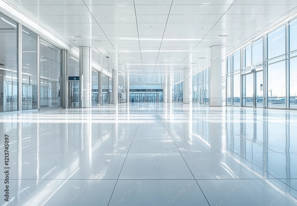 Poster modern empty indoor space featuring bright white floors and expansive glass windows that create a se