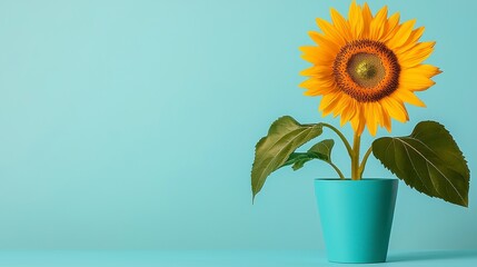 Obraz premium Bright Sunflower in a Turquoise Pot Against a Soft Background