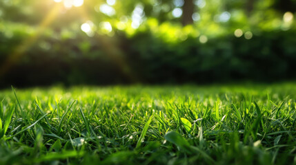 Fresh green grass glistens in sunlight, creating serene spring atmosphere. vibrant colors and soft textures evoke sense of tranquility and connection to nature