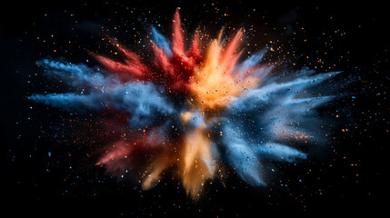 a dynamic explosion of vibrant color powders in mid-air, with shades of blue, red, yellow, blending together, set against a dark background to highlight the dramatic burst and fine particles