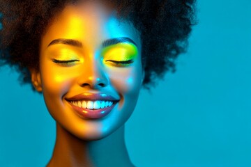 Obraz premium Short coiffure - highlighted hair. Commercial promotion layout. Attractive happy black girl - for ads, boulevard poster and social networks use. Black woman glam inspiration. Black model.