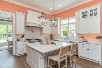 Elegant White Kitchen Island with Coral Walls and Lanterns