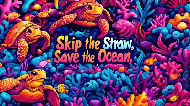 "Skip tht Straw, Save the Ocean" with Whimsical Sea Turtles Swimming in Coral Reef Ocean Illustration Vibrant Environment Underwater View