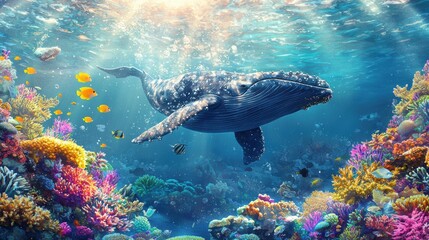 Fototapeta premium Serene Whale Swimming Through Vibrant Coral Reef Underwater Watercolor Art Ocean Peaceful View
