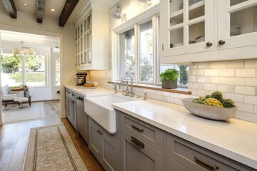 Elegant Farmhouse Kitchen With Grey Cabinets And White Countertops