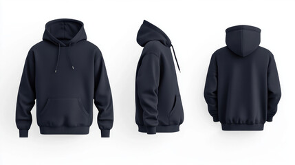 navy blue solid color hoodie displayed from front, side, and back views, showcasing its simple and versatile design. Perfect for casual wear and layering