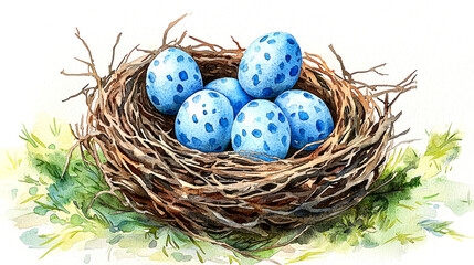 Obraz premium Watercolor Painting of Blue Spotted Bird Eggs in a Nest