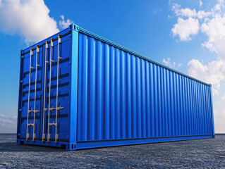 Fototapeta premium new and clean blue maritime container against clear sky, showcasing its sturdy design and industrial appeal. low angle perspective emphasizes its height and structure