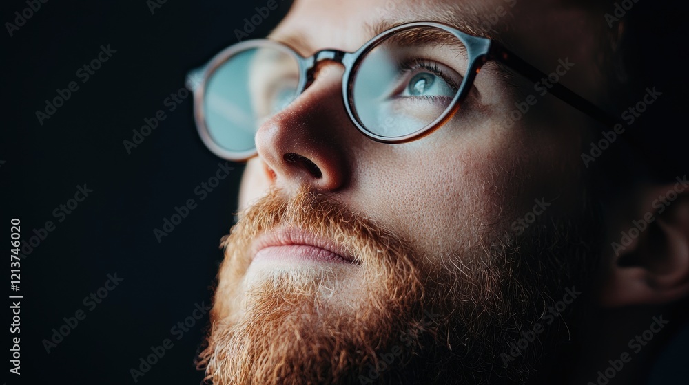 Poster a man with glasses and a beard is looking up at something. generative ai