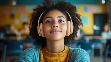 Young woman with afro wearing headphones, peaceful expression. Ideal for themes of music, relaxation, or student life.