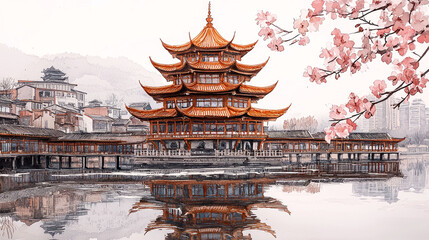 Obraz premium Watercolor Painting of a Chinese Pagoda on a Calm Lake with Cherry Blossoms