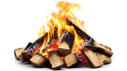 Blazing bonfire firewood burning bright, white background, isolated