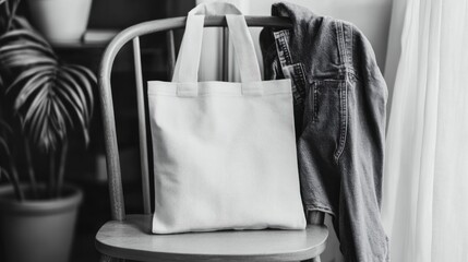 Blank tote bag mockup, chair, denim jacket, indoor, plant, advertising