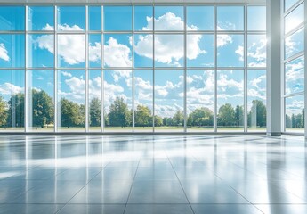 Modern spacious interior with large windows revealing a bright, sunny landscape, showcasing fluffy clouds and green trees under a blue sky, perfect for promoting tranquility and openness.