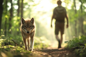 Hiker carefully retreats from wild animal in tranquil forest, emphasizing rabies awareness in nature