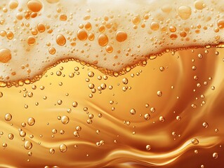 Flowing Amber Liquid with Effervescent Carbonation Bubbles and Frothy Foam