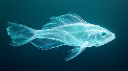 A glowing fish swimming in ethereal waters on a cyan gradient background