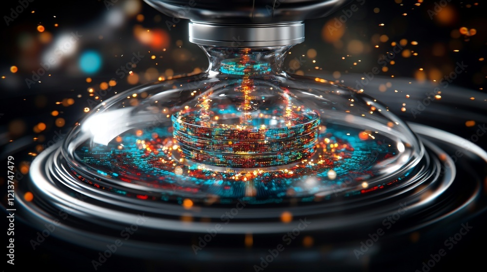 Poster futuristic data sphere visualization digital technology hub 3d graphics high-tech environment close-
