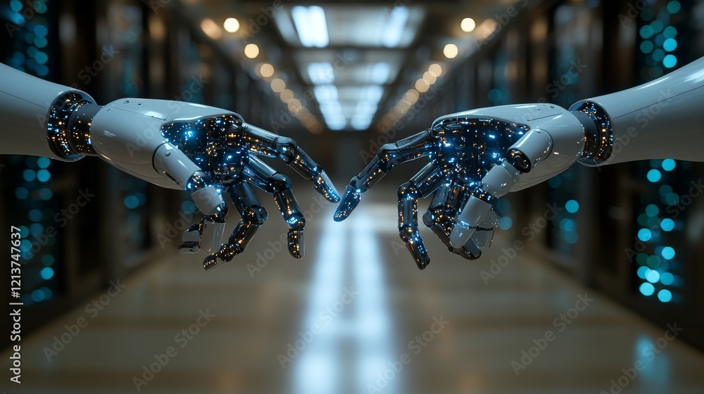 Poster robotic hand interaction futuristic lab digital art tech environment close-up view aitechnology futu