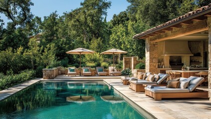 Fototapeta premium Luxury Backyard Oasis: Stunning Poolside Relaxation
