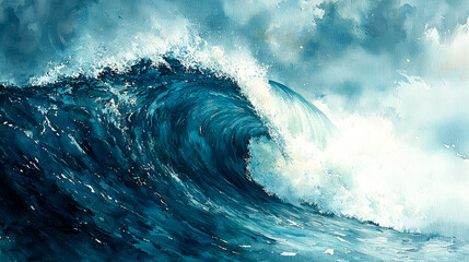 Obraz premium Majestic Ocean Wave: A Watercolor Painting of Nature's Power