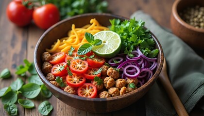 Vibrant Buddha bowl with fresh vegetables and herbs, for healthy eating and lifestyle