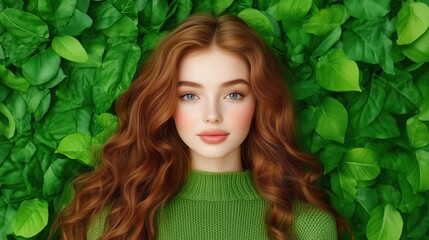 Naklejka premium young woman with striking long red hair poses confidently against a lush background filled with green leaves, creating a calm and nature-inspired atmosphere