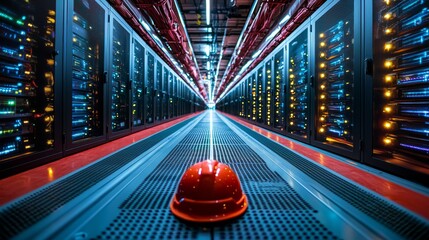 Data center server room corridor management high-tech facility digital infrastructure industrial environment perspective view efficiency concept