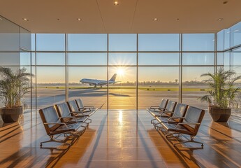 Serene Airport Lounge with Modern Seating Overlooking a Runway at Sunrise, Showcasing an Airplane Taking Off, Bright and Inviting Atmosphere