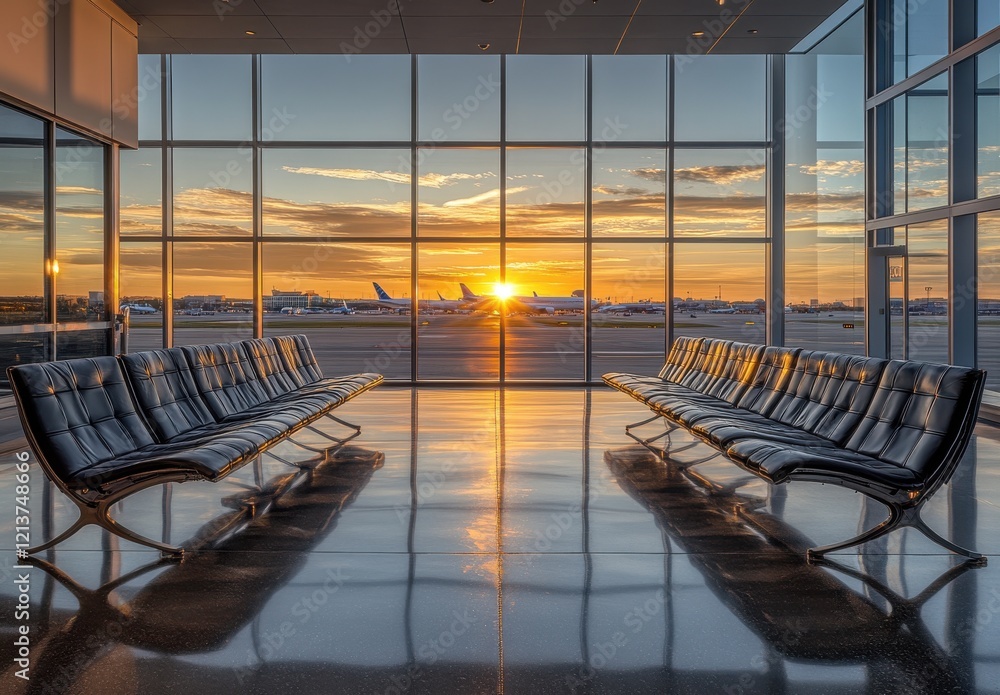 Aufkleber serene airport terminal at sunset with empty waiting area and reflection of colorful sky in large wi