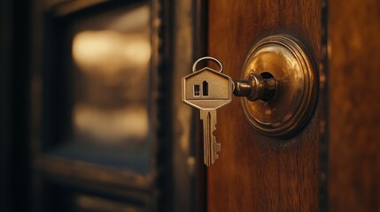 Obraz premium House key in door, urban setting, sunset glow, real estate