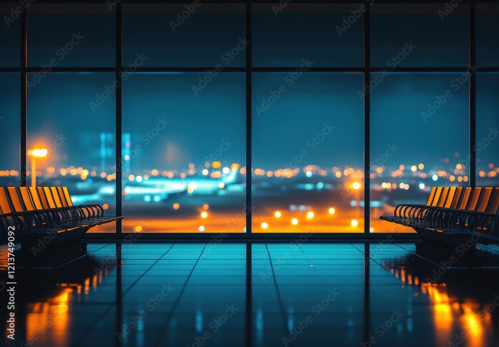 Poster serene night view from an airport lounge with illuminated runway and soft reflections creating a cal