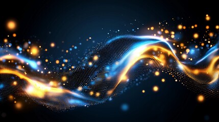 Obraz premium Dynamic blue-gold wave particles illustrating abstract motion digital art dark background vibrant energy concept
