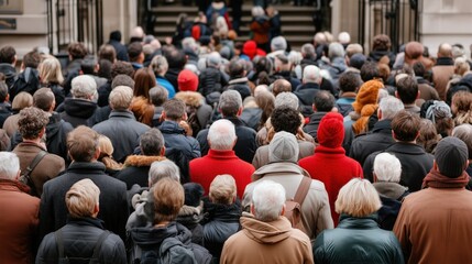 Obraz premium large group of people has assembled in front of a building in an urban area