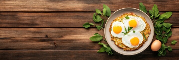 Crispy rosti topped with poached eggs and fresh herbs on a rustic breakfast table setting