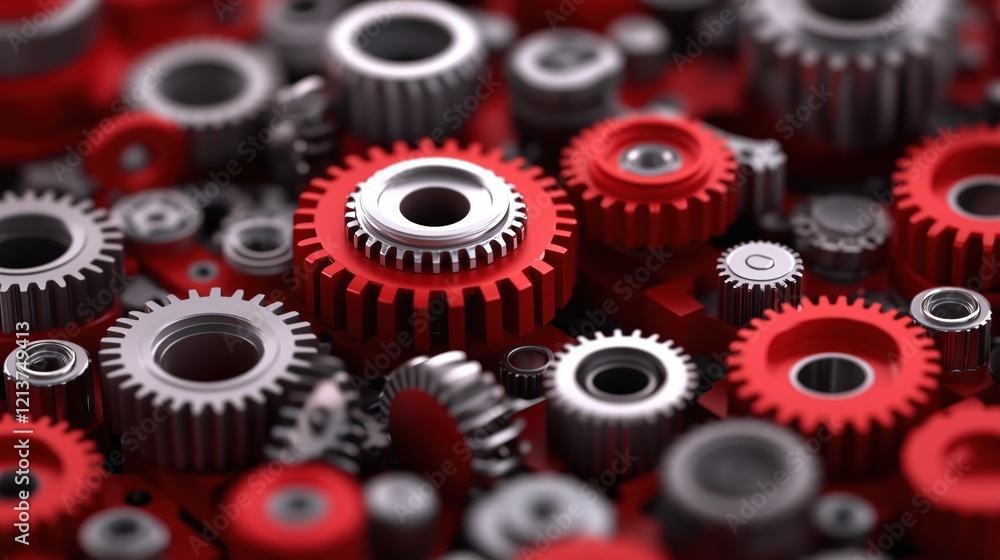 Poster close-up shows assorted mechanical gears in various sizes and colors, featuring striking red gears a