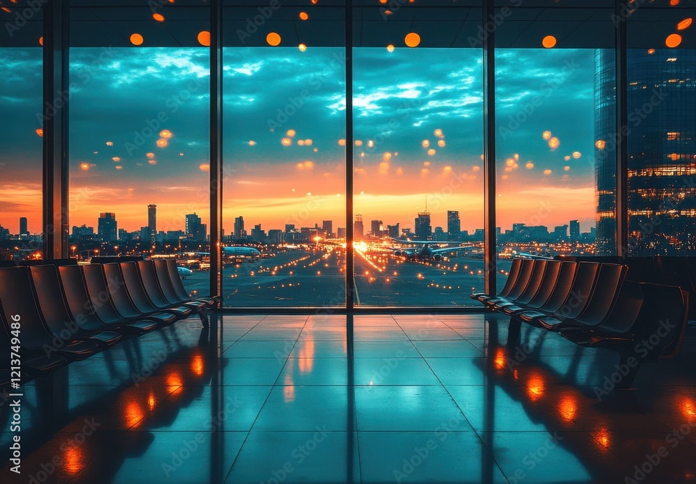Poster serene terminal view at sunset with city skyline in the background, illuminated by soft lights and r